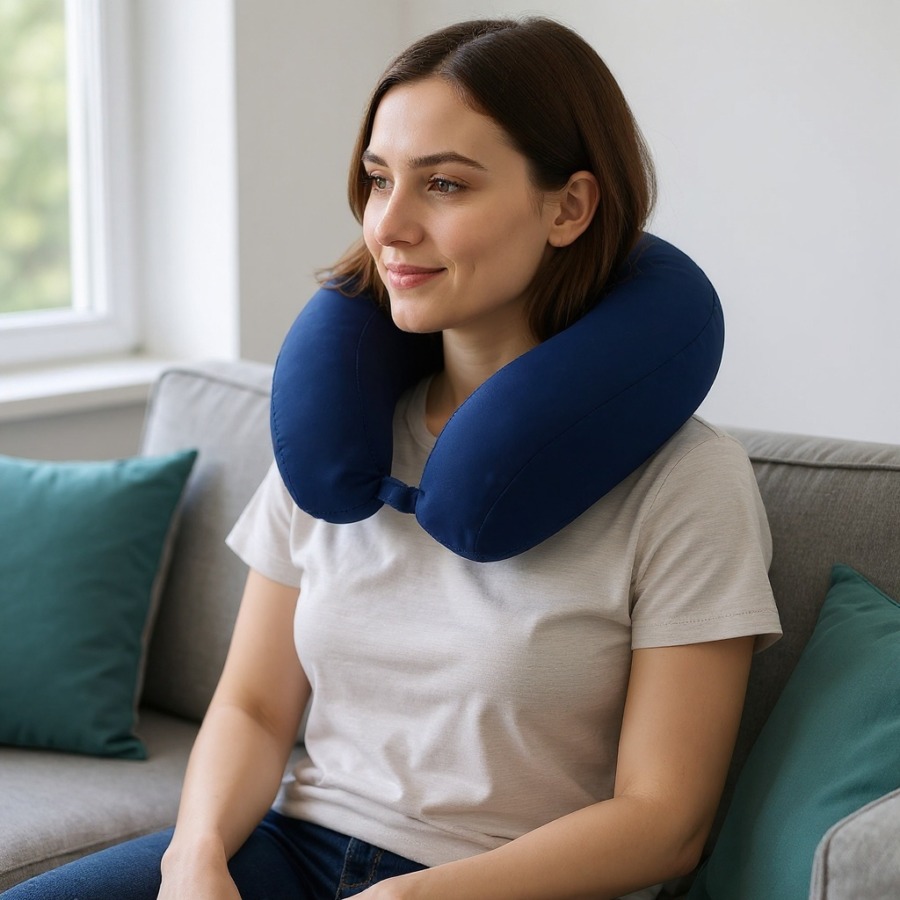 Cuscino ergonomico da viaggio per il collo a forma di U, indossato, vista posteriore