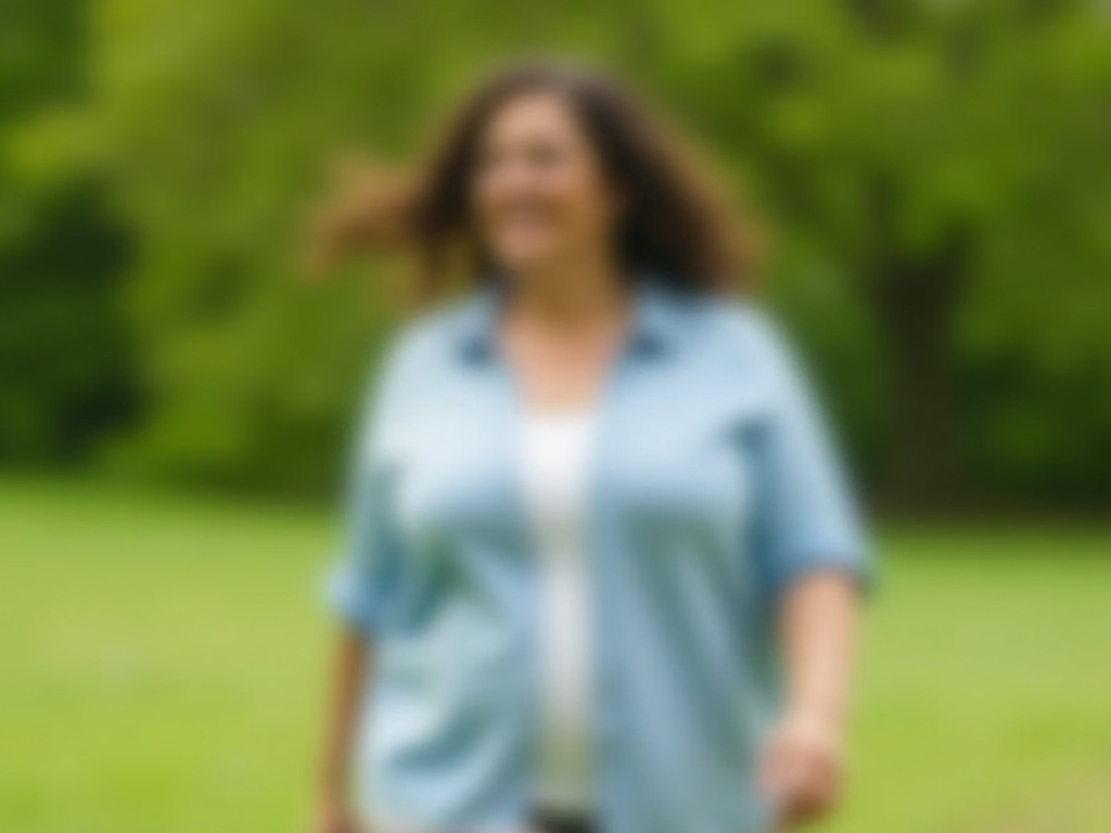 Donna plus size cammina nel parco con il correttore di postura sotto la felpa