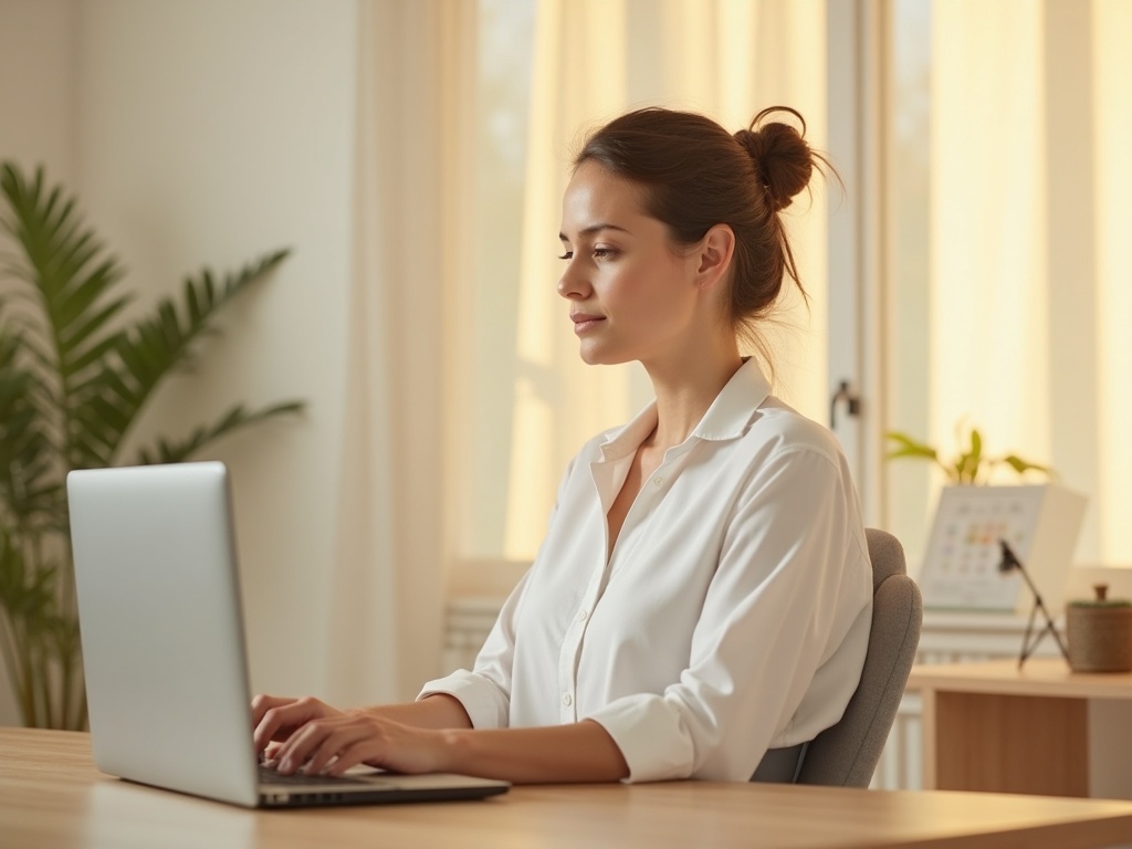 Donna che lavora al laptop nel suo ufficio domestico con un correttore posturale discreto sotto la camicetta