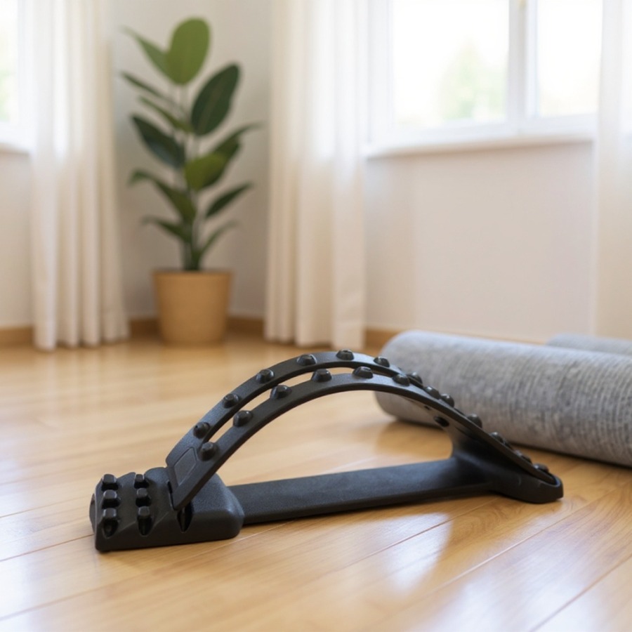 Dispositivo a più livelli per lo stretching della schiena, da usare sul pavimento del salotto Dispositivo a più livelli per lo stretching della schiena, da usare sul pavimento del salotto