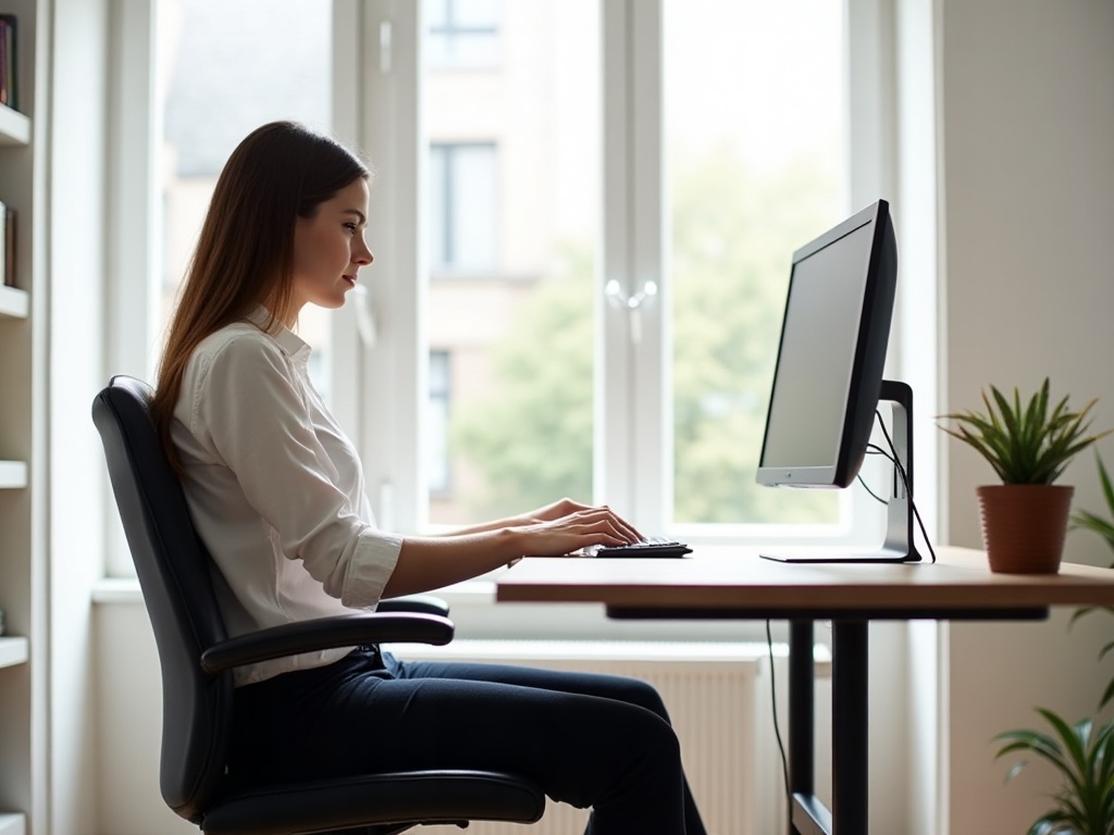 Ergonomia corretta della postazione di lavoro - monitor all'altezza degli occhi, postura dritta