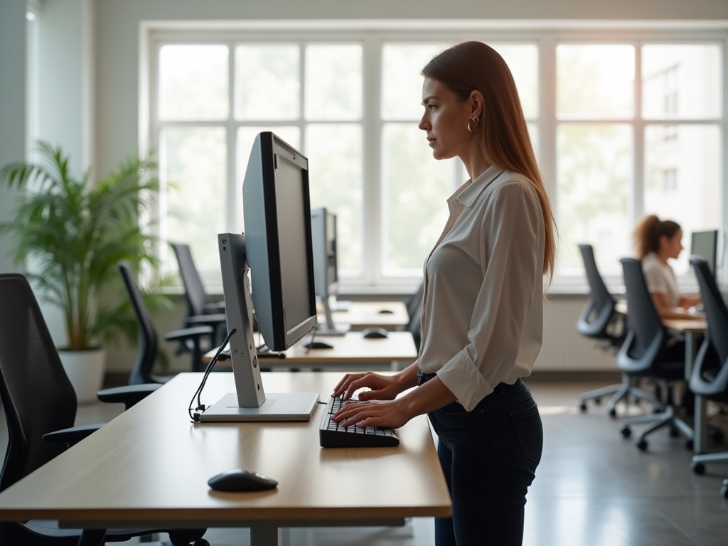 Postazione di lavoro ergonomica con monitor all'altezza degli occhi e tastiera all'altezza dei gomiti