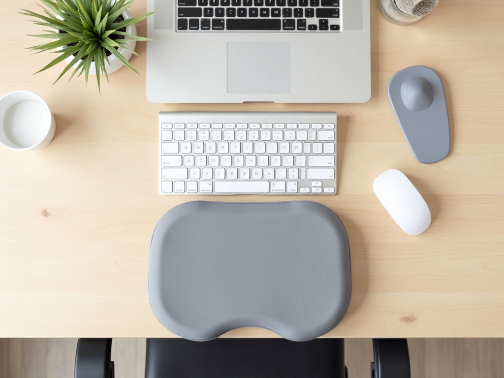 Accessori ergonomici per la scrivania: cuscino per seduta, poggiapiedi, mouse ergonomico e poggiapolsi