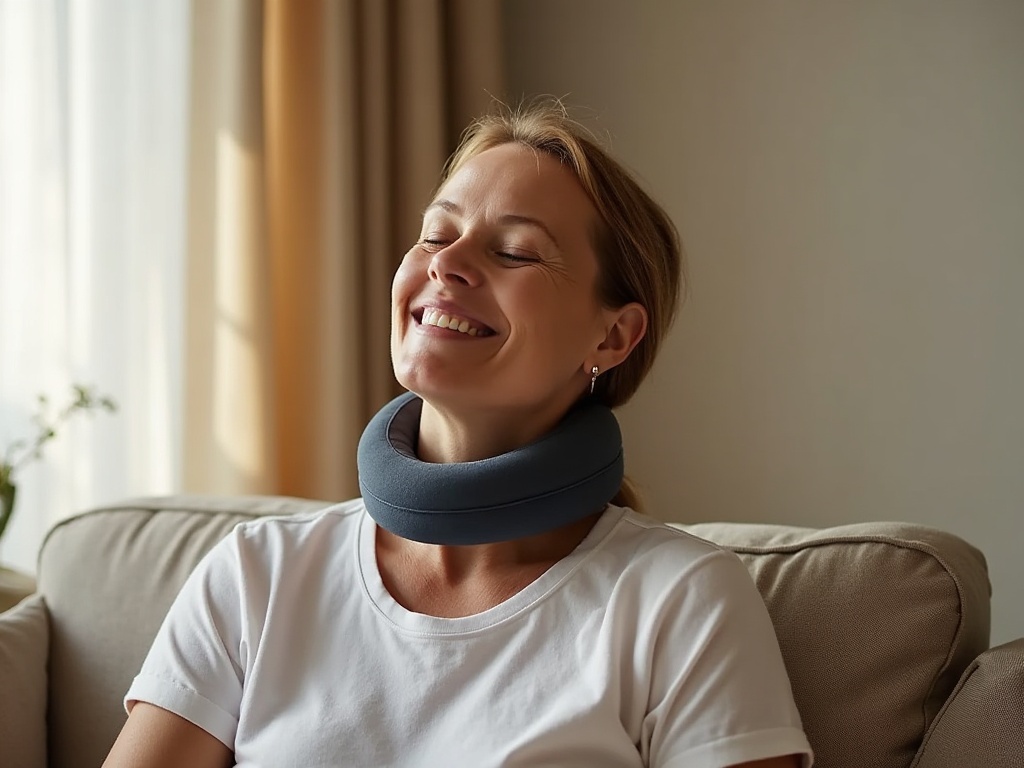 Donna che usa un massaggiatore per il collo a forma di U in ambiente domestico