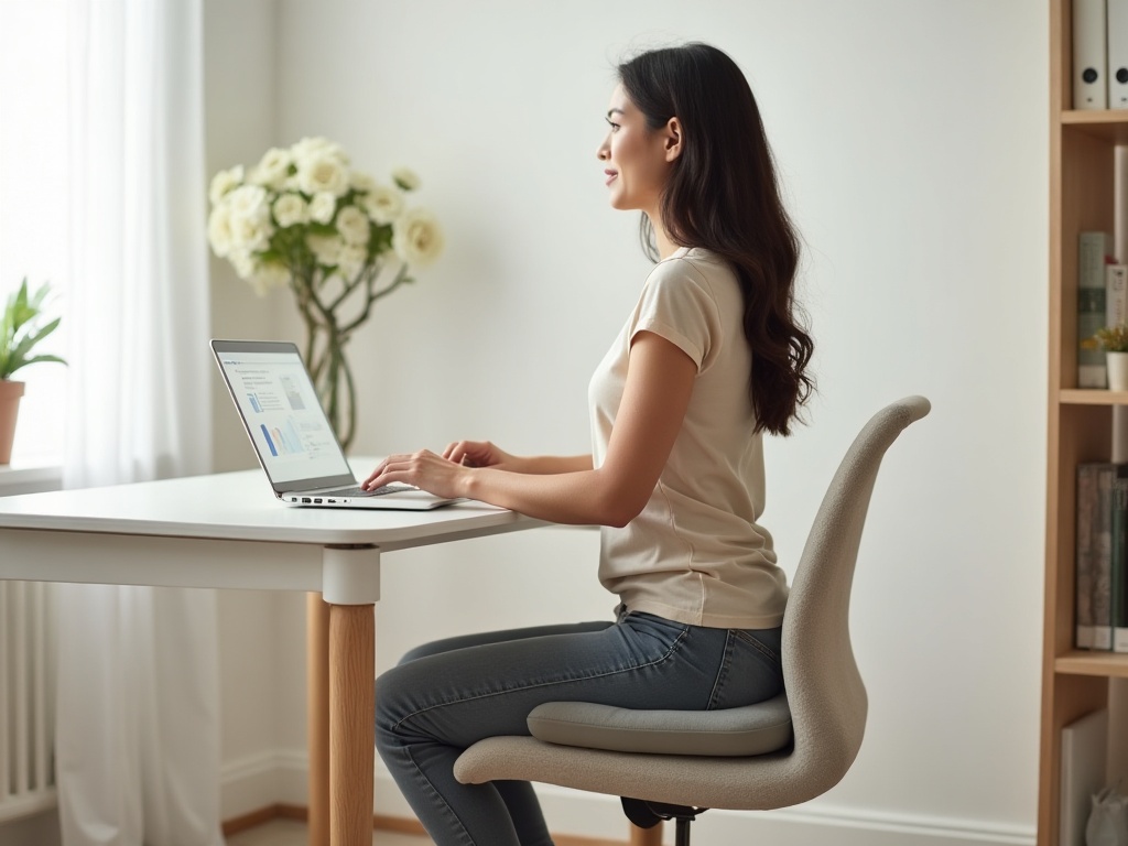 Persona seduta su un cuscino ergonomico alla scrivania in un ufficio domestico