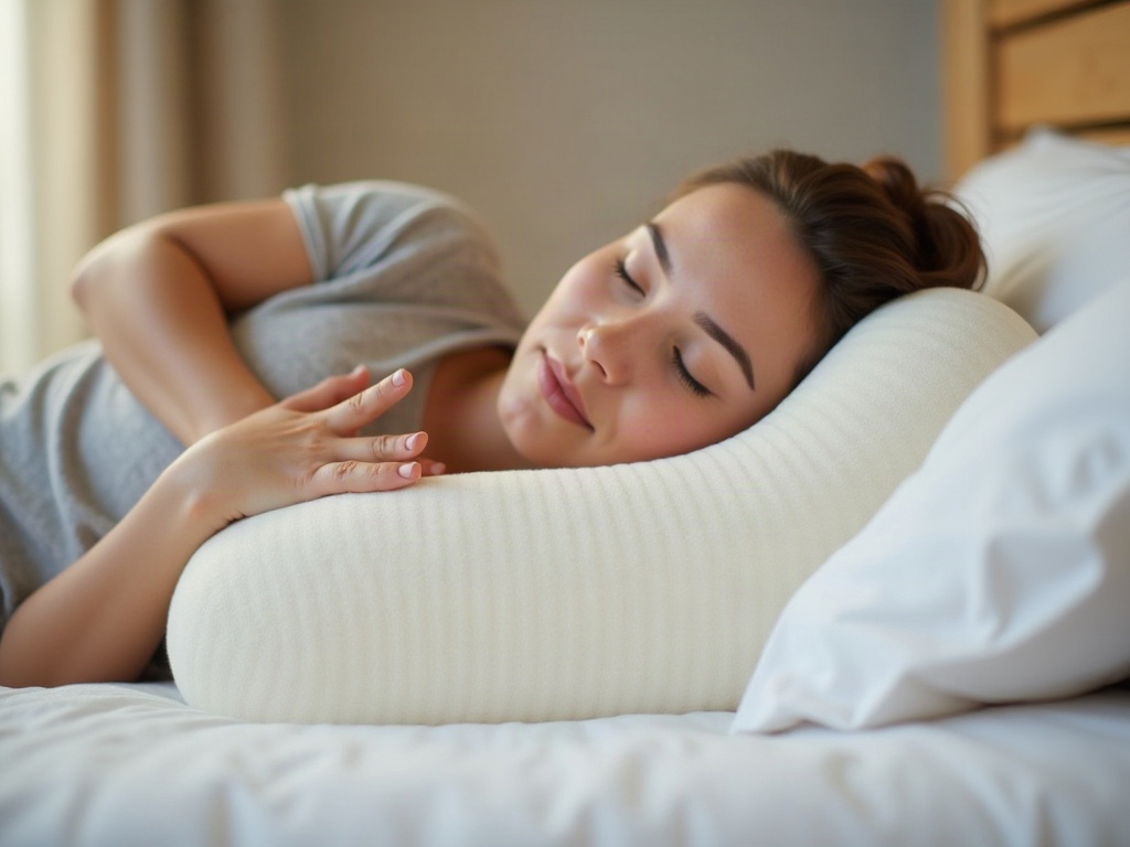 Persona che dorme sul fianco con un cuscino tra le ginocchia