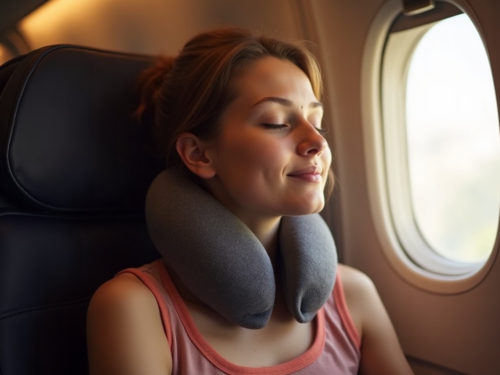 Donna che dorme in aereo con cuscino da viaggio memory foam sul collo