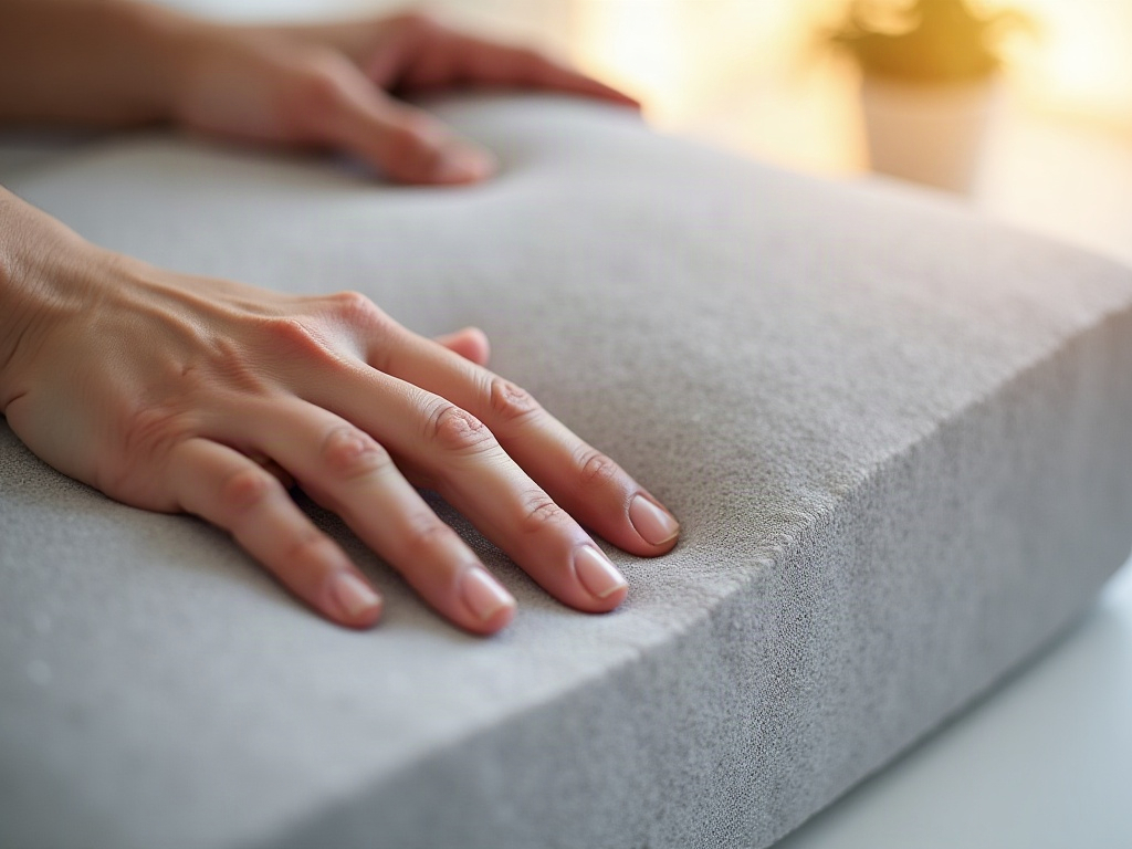 Mano che affonda in un cuscino memory che mostra le proprietà viscoelastiche della schiuma