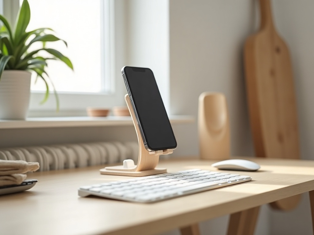 Smartphone su supporto all'altezza degli occhi - soluzione ergonomica che riduce la tensione del collo