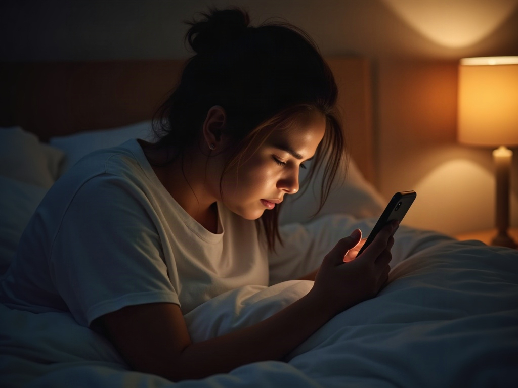 Persona che usa il telefono a letto con la testa inclinata in avanti prima di dormire