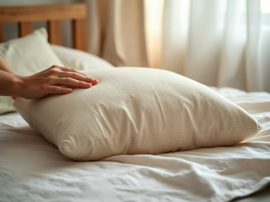 Primo piano delle mani che sistemano un cuscino ortopedico su un letto con lenzuola bianche