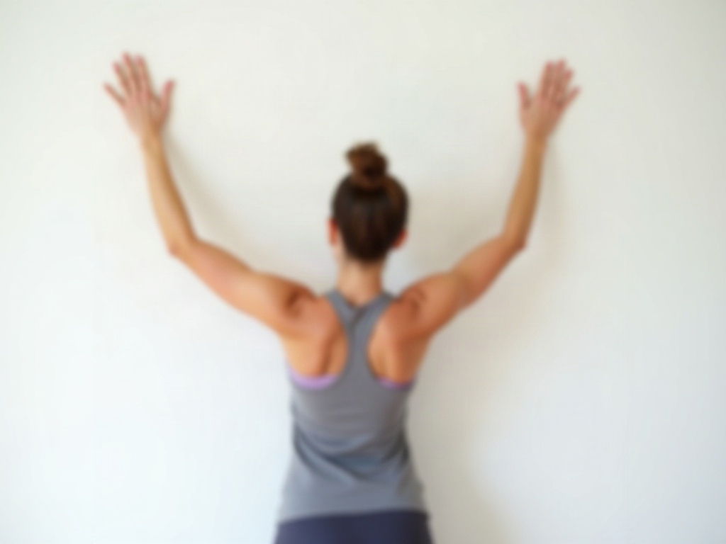Donna che esegue l'esercizio wall angel contro un muro bianco per rafforzare i muscoli posturali delle spalle