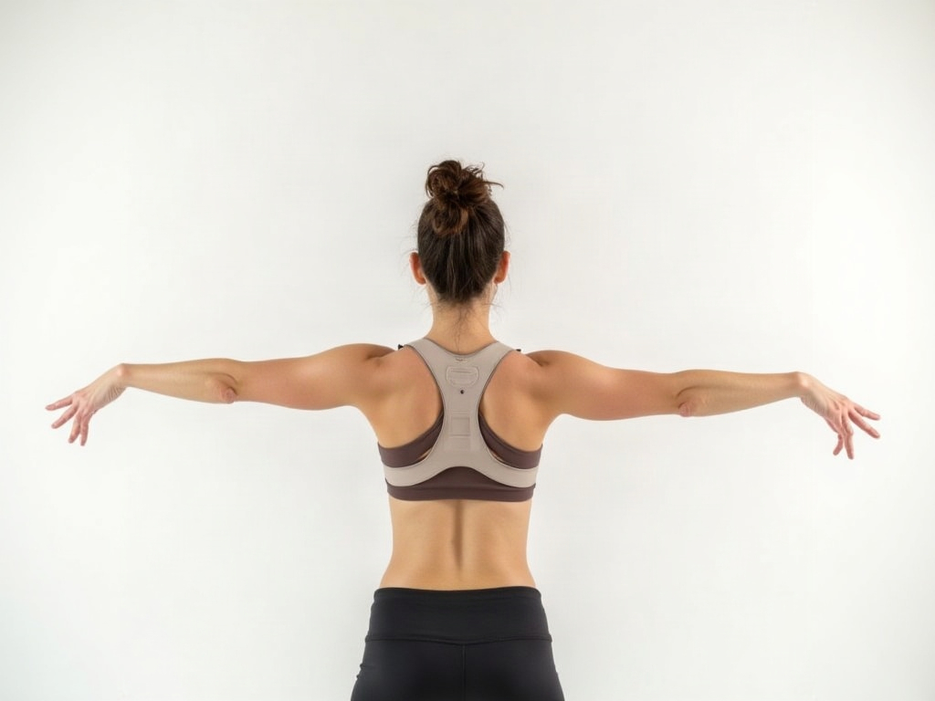 Persona di spalle che fa stretching indossando un correttore postura in neoprene