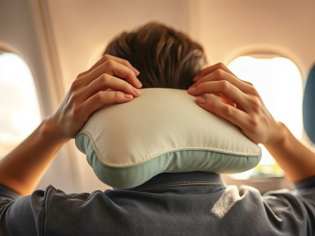 Dettaglio di come indossare correttamente un cuscino da viaggio sul collo durante un volo aereo