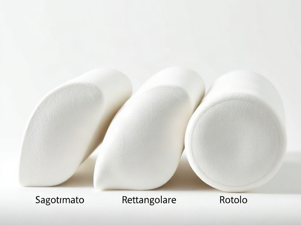 Tre profili diversi di cuscini lombari: sagomato, rettangolare e a rotolo, posizionati per mostrare le curve e lo spessore