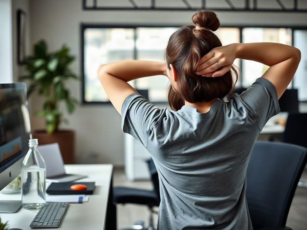 Donna che fa allungamenti alla scrivania per alleviare le tensioni della schiena durante il lavoro