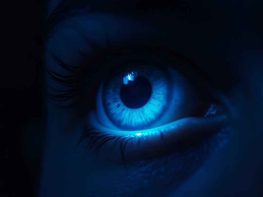 Luce blu che colpisce un occhio al buio, interferendo con la produzione di melatonina