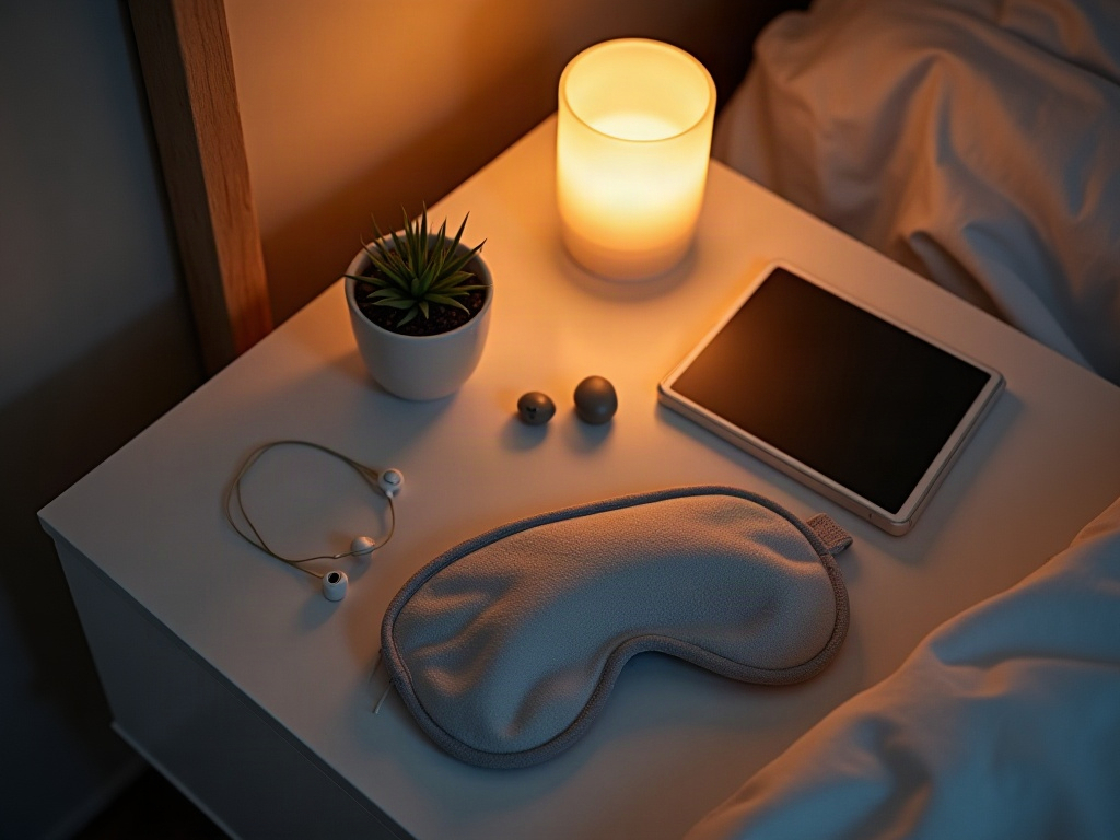 Maschera per il sonno e tappi per le orecchie sul comodino come parte del rituale serale