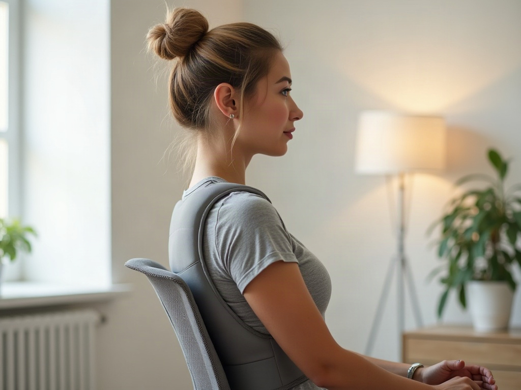 Donna in abbigliamento da ufficio che esegue rotazioni ampie delle spalle e apertura del petto durante una pausa dall'uso del correttore di postura, in piedi accanto alla scrivania