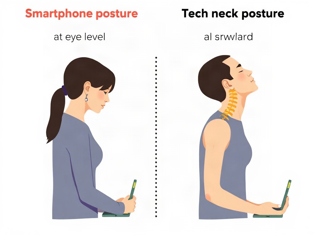Confronto tra postura corretta con smartphone all'altezza degli occhi e postura scorretta del tech neck con testa in avanti