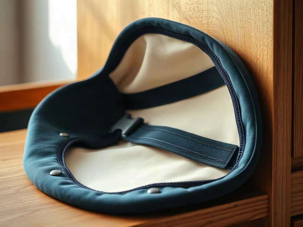 Dettaglio di una cintura lombare in neoprene di qualità, con chiusura in velcro e interno in cotone, fotografata su una superficie in legno naturale.