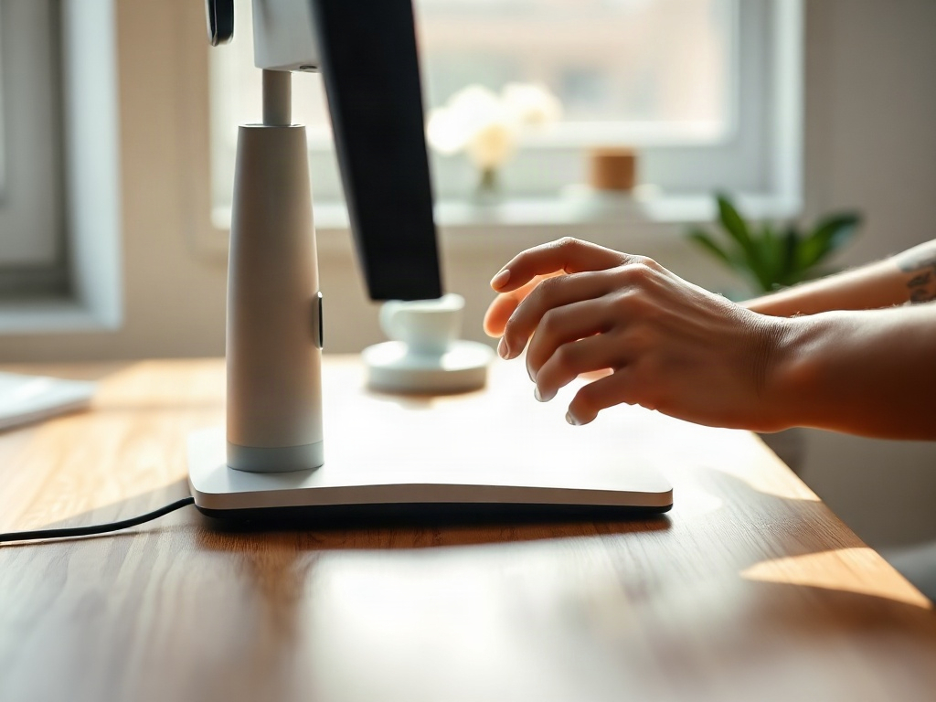Mani che regolano l'altezza del monitor sulla scrivania