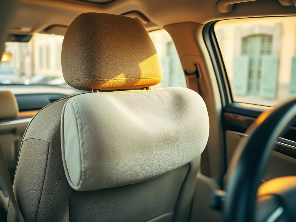 Un supporto lombare in lino crema posizionato su un sedile d'auto, mostra la forma ergonomica e le cinghie di fissaggio