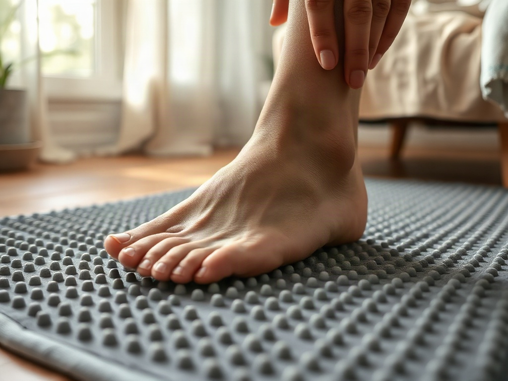 Dettaglio dei piedi su una mata con punte per l'agopressione, con luce naturale mattutina